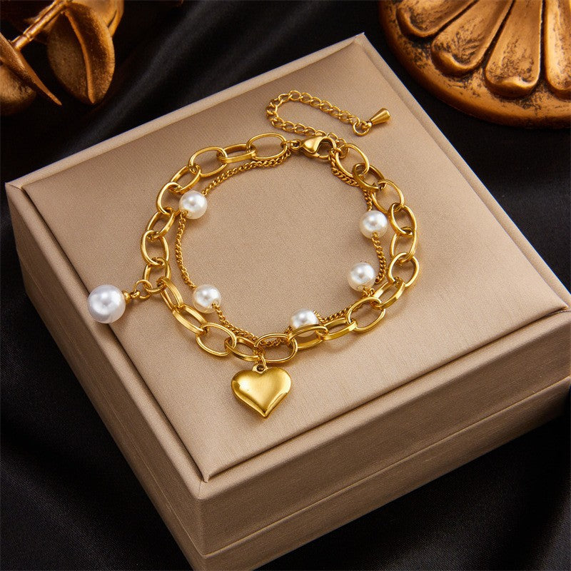 Heart Pearl Layered Bracelet
